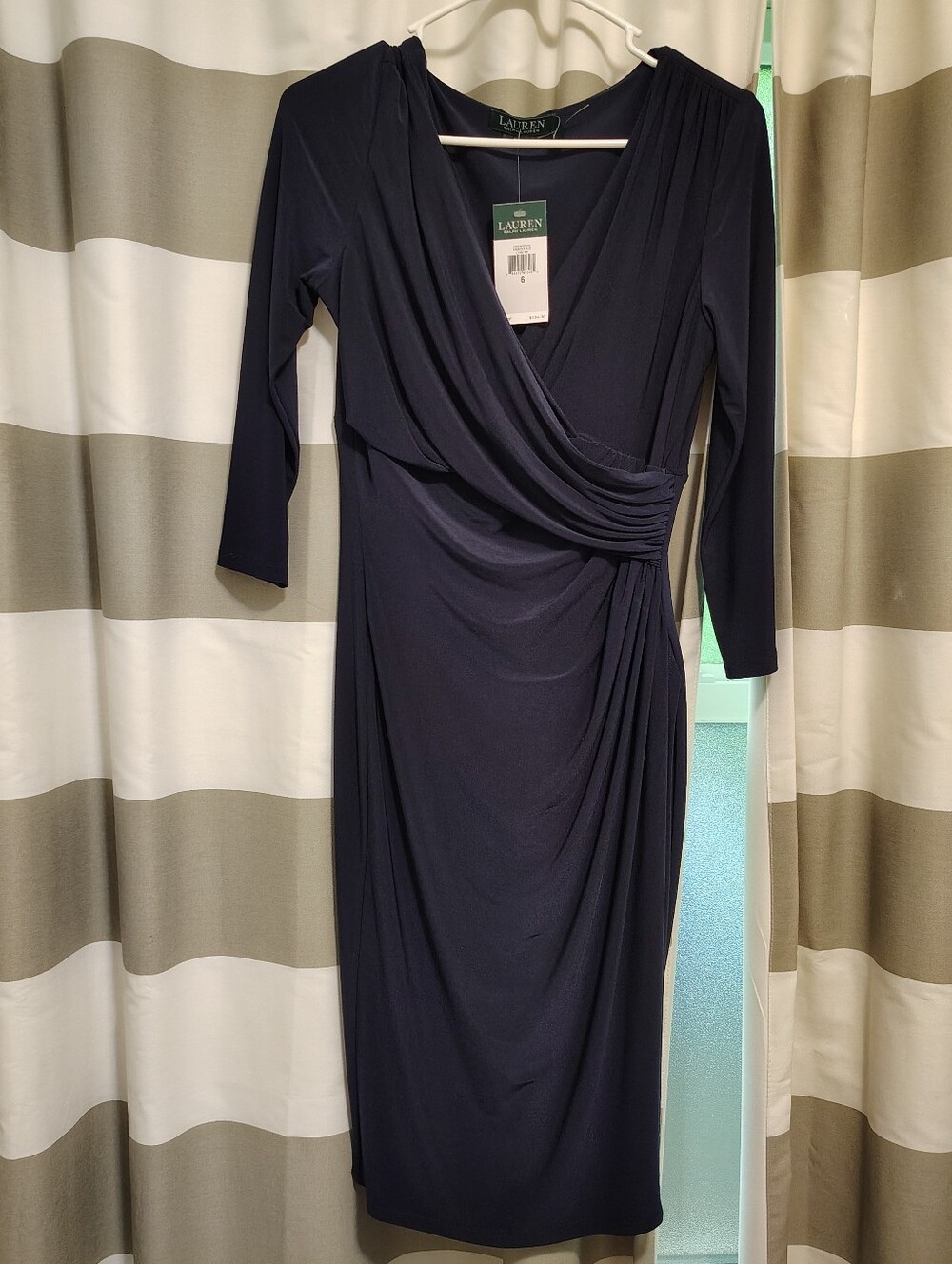 Stunning Ralph LaurenNavy Blue Draped Wrap Style 3/3 Sleeve Cocktail Midi Dress - Picture 9 of 11